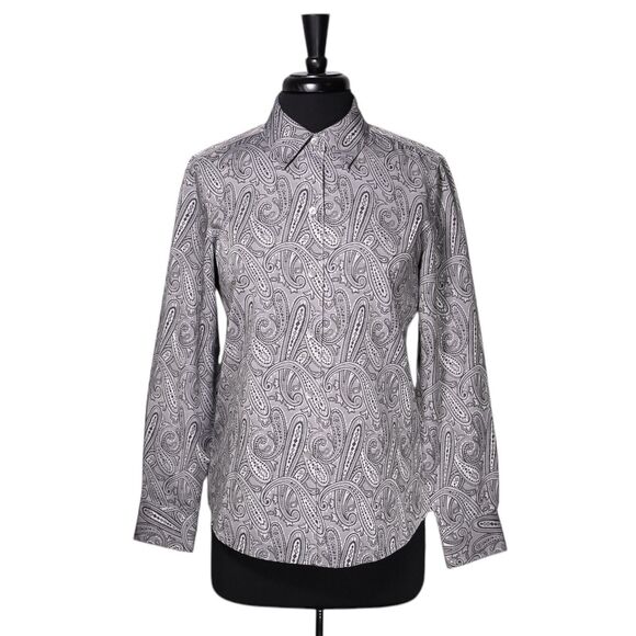 Foxcroft Women's Shirt Button Up Gray Silver Paisley Wrinkle Free Blouse Top 8 - Picture 1 of 9